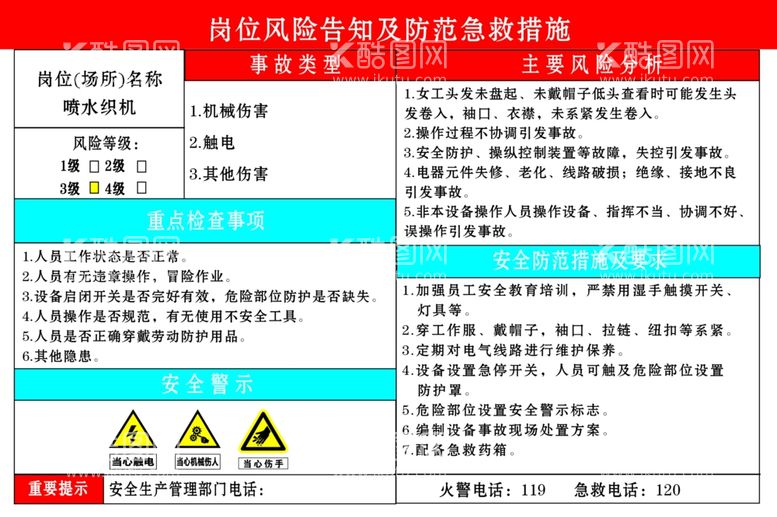 编号：82003512220044511770【酷图网】源文件下载-水织机岗位安全风险告知牌