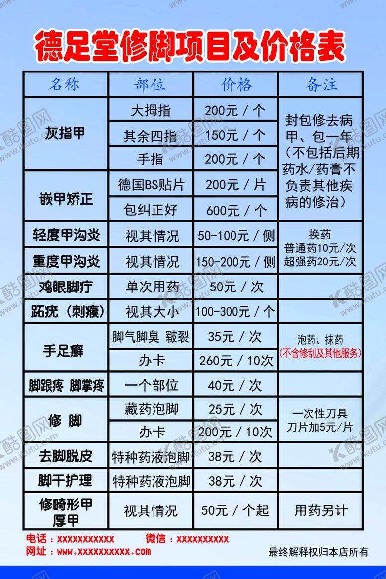 编号：10454607130446269347【酷图网】源文件下载-修脚堂价格展板价格明细表模板