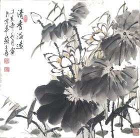 中国风荷叶荷花绘画