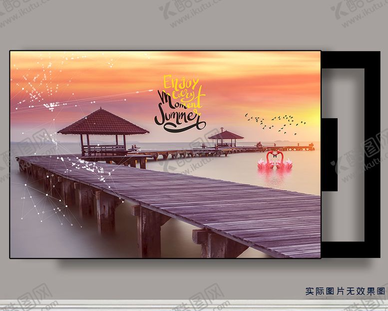 编号：27696410080704492851【酷图网】源文件下载-海边栈桥风景火烈鸟电表箱装饰画