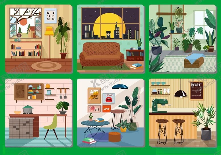 编号：95688204011113306594【酷图网】源文件下载-多样室内场景插画展示