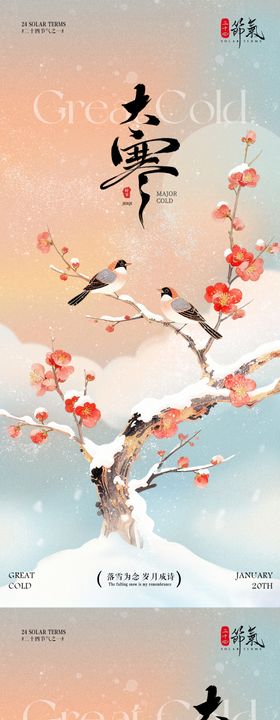 大寒节气中国风梅花鸟插画海报