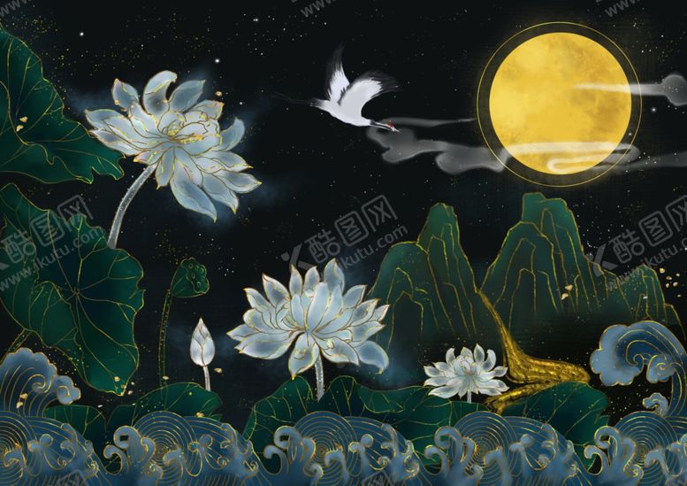 编号：54563609122243274871【酷图网】源文件下载-荷花烫金国风古风壁画墙贴素材
