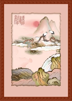 矢量国风插画仙鹤青山山峦丹红