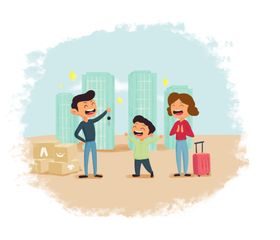 一家人背书包手绘人物