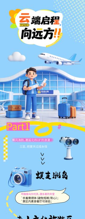 飞机旅行人物手绘攻略长图海报