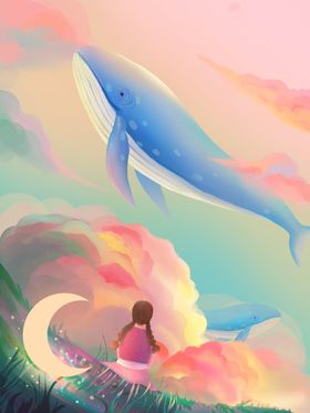 玫瑰色梦幻鲸鱼女孩与日落治愈系