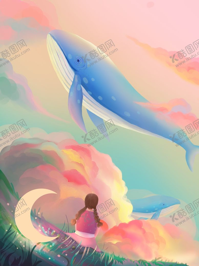 编号：27011505190250017904【酷图网】源文件下载-玫瑰色梦幻鲸鱼女孩与日落治愈系