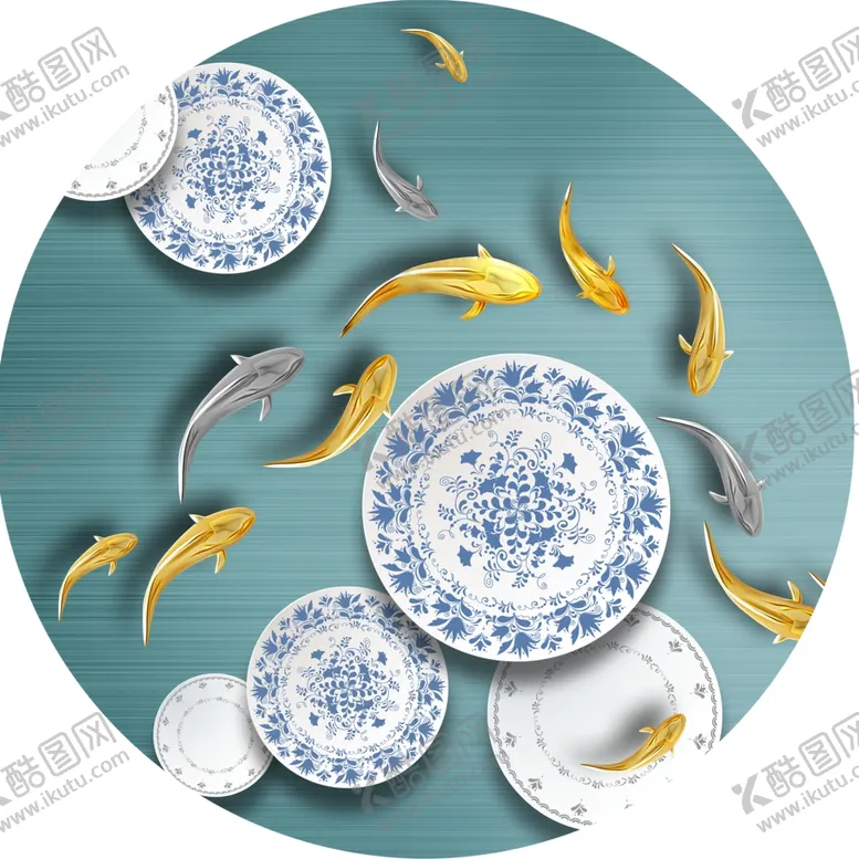 编号：26254412230156408370【酷图网】源文件下载-青花瓷游鱼圆形挂画装饰画