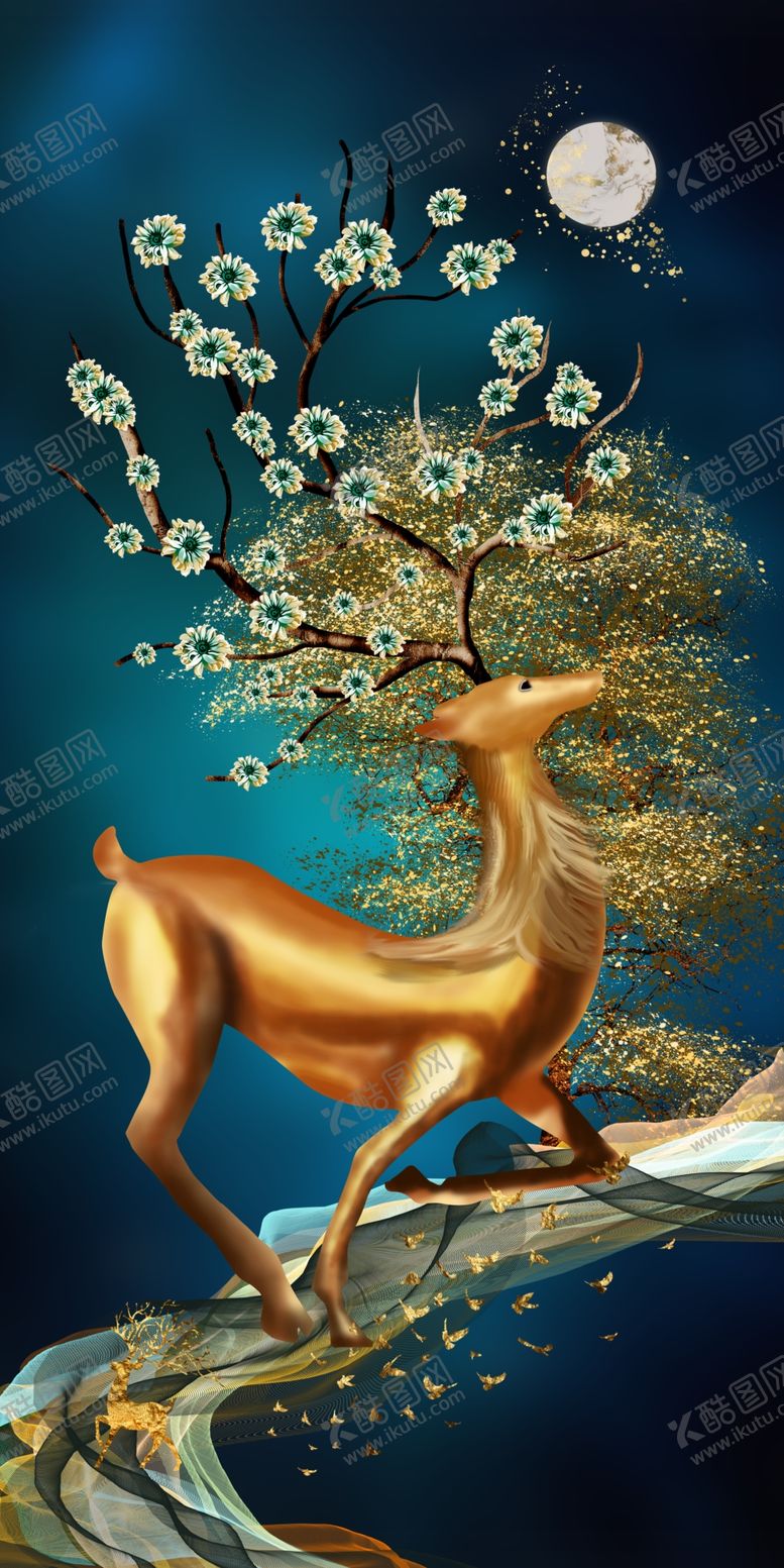 编号：78468409210923109488【酷图网】源文件下载-新中式发财树麋鹿玄关