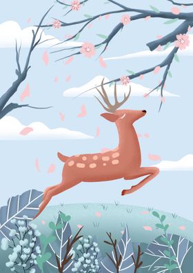 七色鹿国风插画卡通背景素材