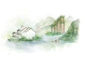 凤凰建筑古风插画卡通背景素材