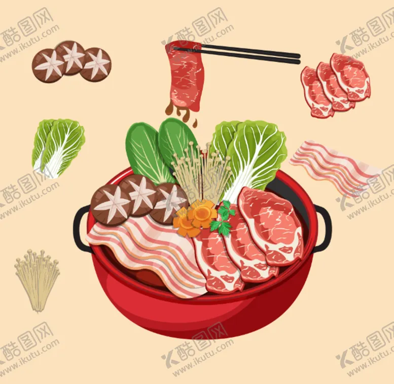 编号：68183205111050289060【酷图网】源文件下载-手绘食物火锅香菇肥牛白菜金
