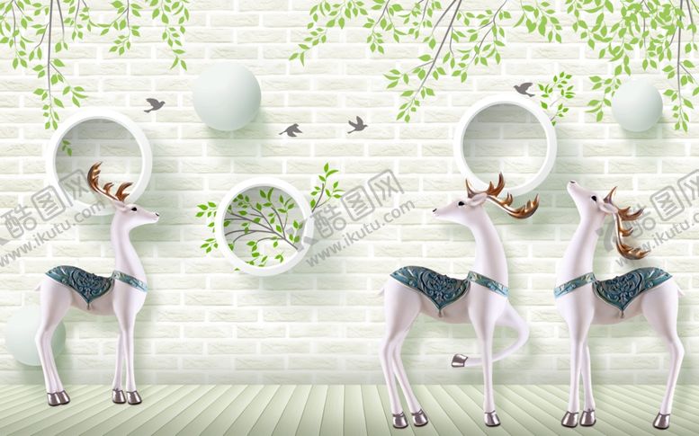 编号：79445706152350536694【酷图网】源文件下载-森林麋鹿背景墙