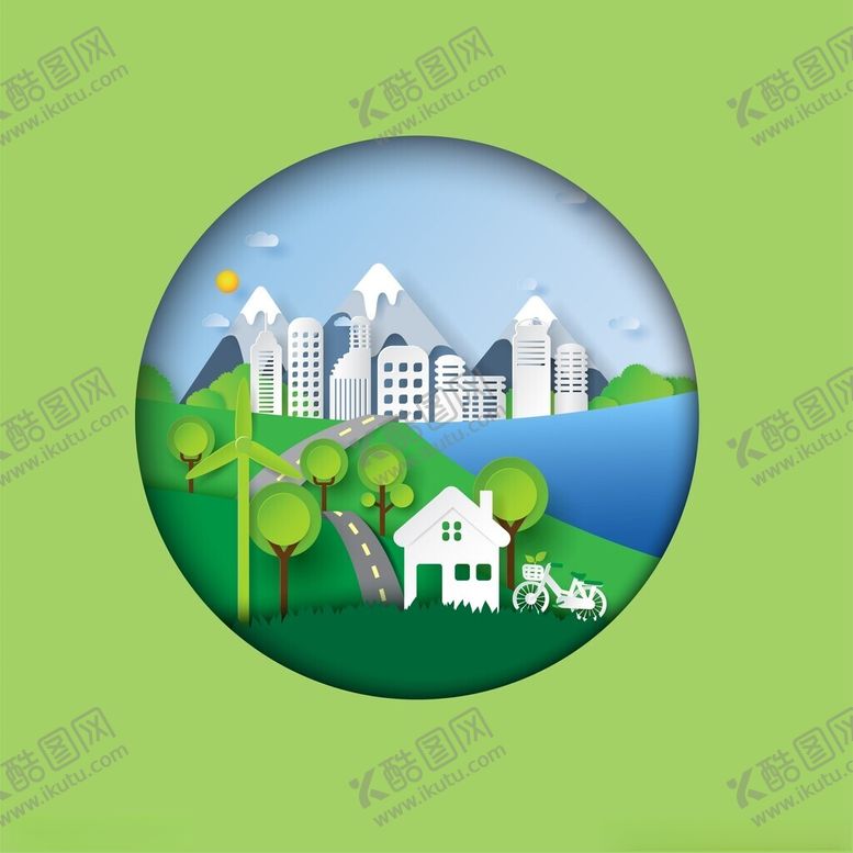 编号：81612702120657482841【酷图网】源文件下载-城市绿色环保剪纸风立体插画