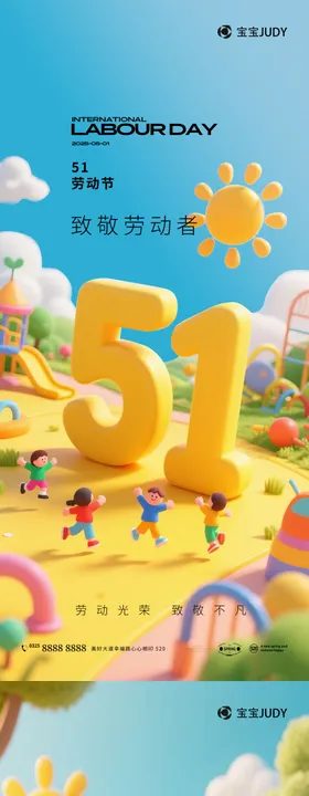 51劳动节海报创意3D童趣卡通