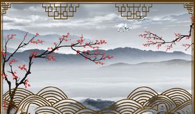水墨山水梅花背景墙