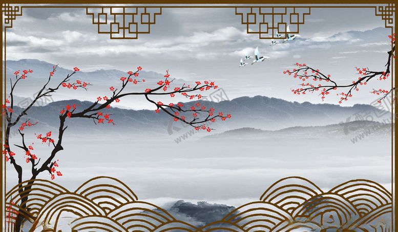 编号：46943505180225468242【酷图网】源文件下载-水墨山水梅花背景墙