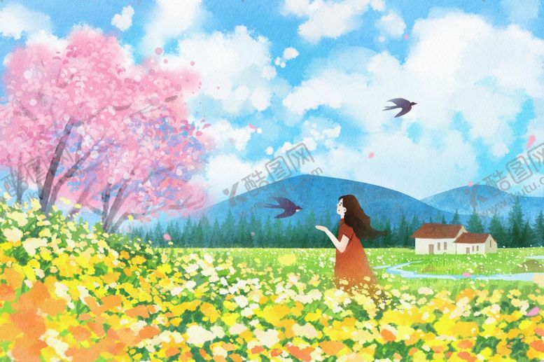 编号：92065707021525461660【酷图网】源文件下载-花海中女孩放飞风筝