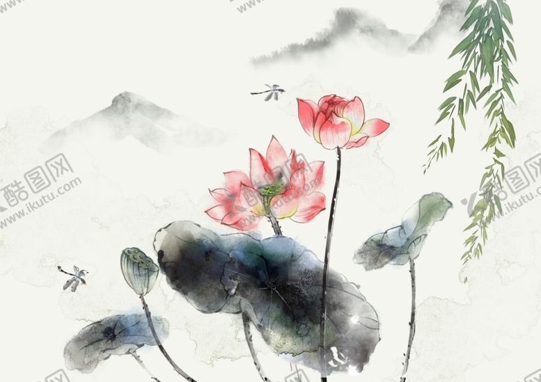 编号：15796006261856157746【酷图网】源文件下载-夏日国画水墨水彩荷花蜻蜓
