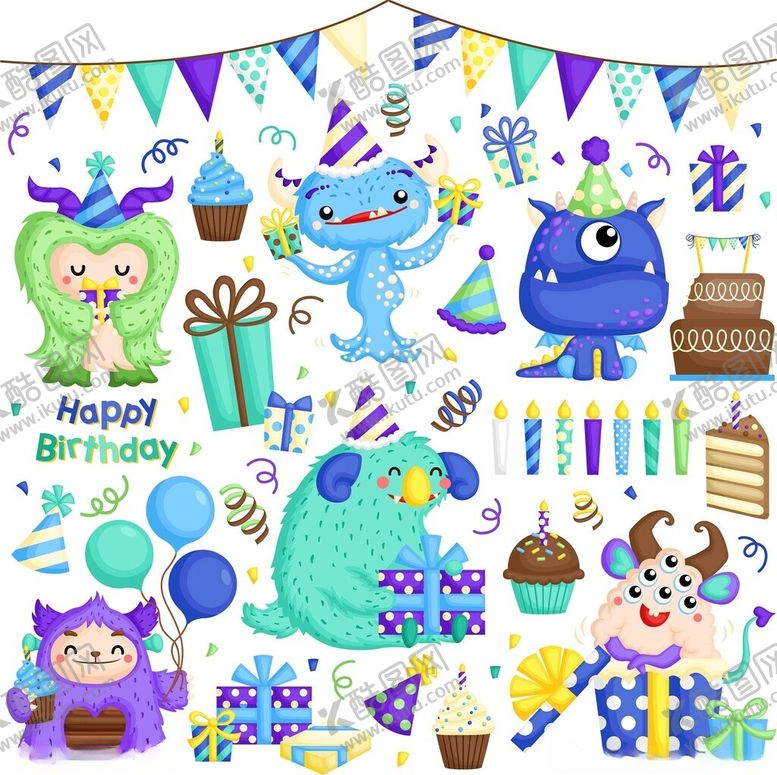 编号：99822401050043107149【酷图网】源文件下载-可爱怪物主题生日派对元素