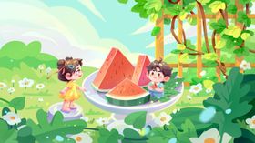 夏日野餐吃西瓜的手绘场景插画