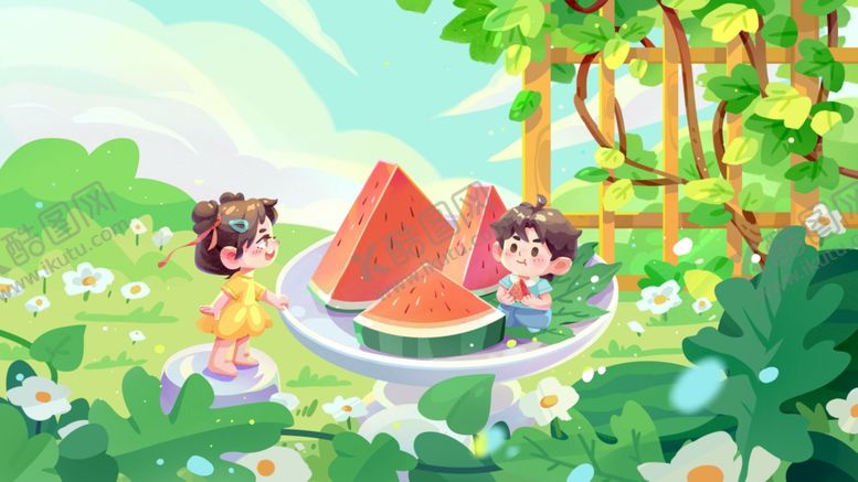 编号：62520804051150578559【酷图网】源文件下载-夏日野餐吃西瓜的手绘场景插画