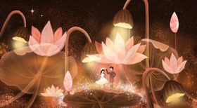 情侣花朵插画卡通背景海报素材