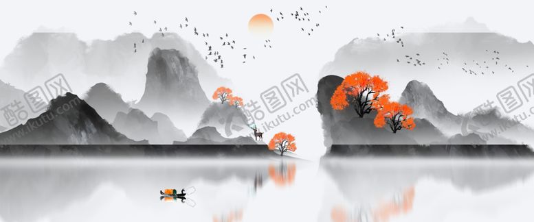 编号：26053312101115353372【酷图网】源文件下载-禅意山水画新中式山水
