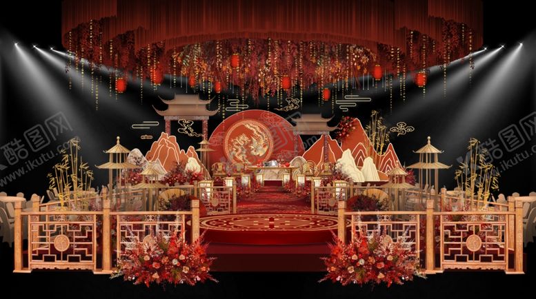编号：75243309232000462515【酷图网】源文件下载-中式婚礼舞台布置场景