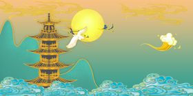 古代楼阁仙鹤山水古风插画
