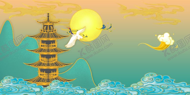 编号：40749505091616067063【酷图网】源文件下载-古代楼阁仙鹤山水古风插画