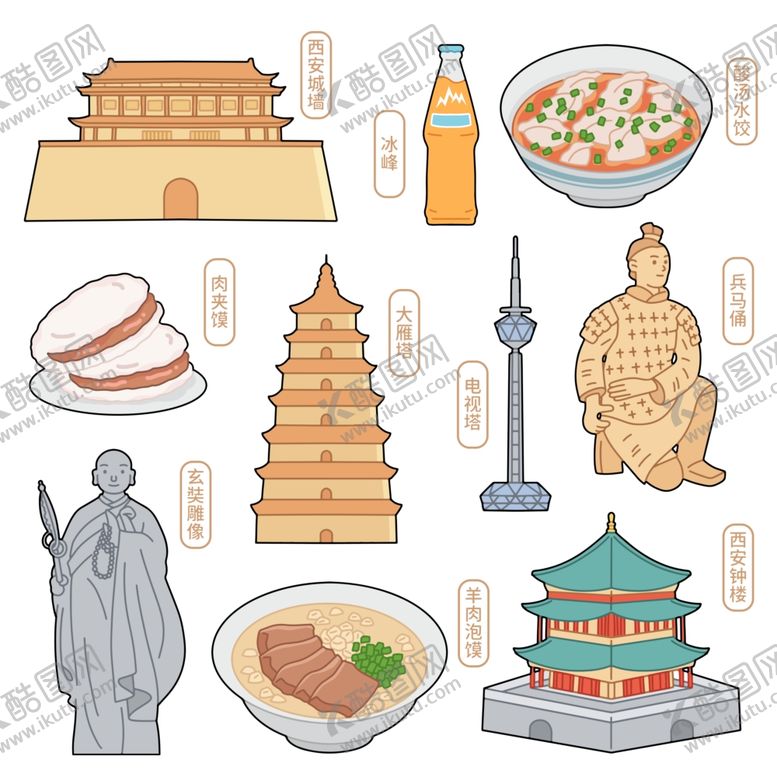 编号：30818402250147424196【酷图网】源文件下载-扁平建筑地标美食