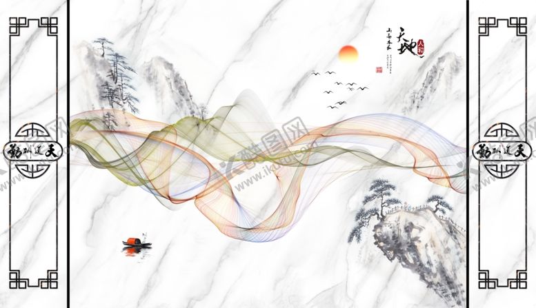 编号：78462610201809088382【酷图网】源文件下载-水墨山水飘带小船框框背