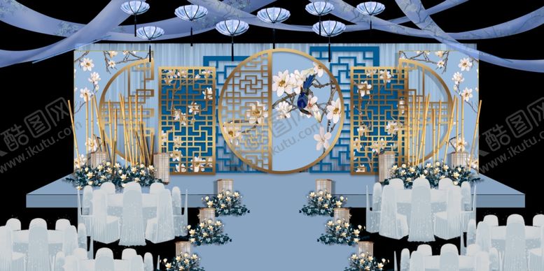 编号：28699609220932486420【酷图网】源文件下载-蓝金色梦幻婚礼现场布置