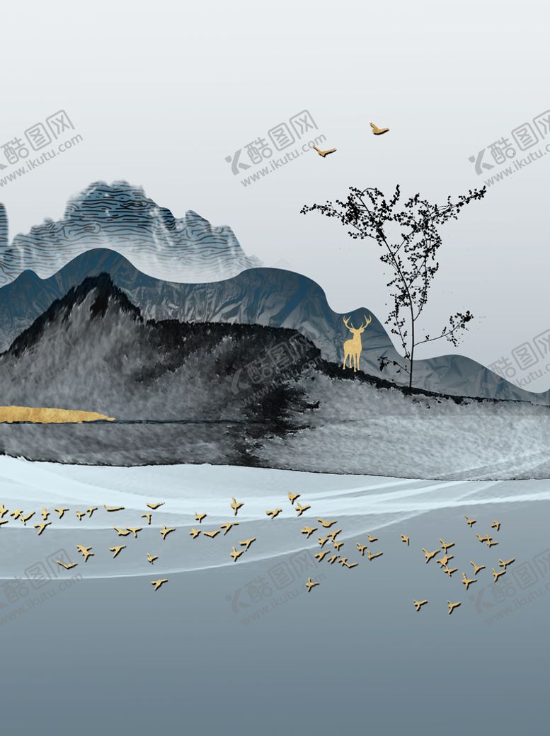 编号：25798609140230247064【酷图网】源文件下载-水墨山脉湖泊艺术挂画装饰画高清唯美