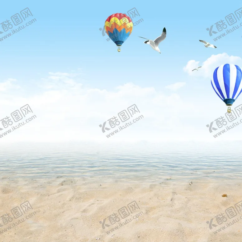 编号：68332507080941595205【酷图网】源文件下载-海滩气球海边蓝天鸟儿