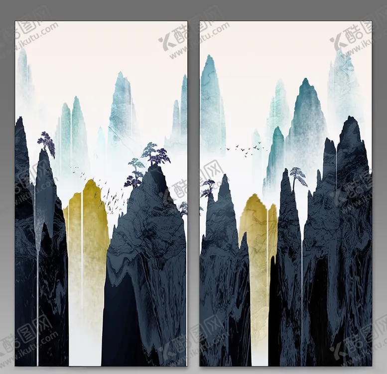 编号：37987709180506193590【酷图网】源文件下载-国潮新中式手绘高山松树装饰画