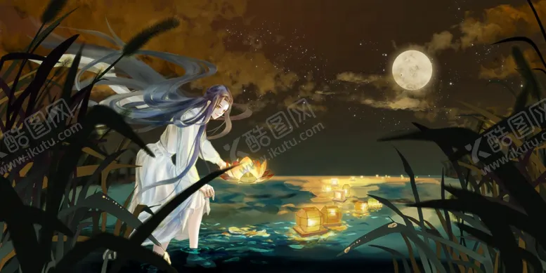 编号：47896607021024116337【酷图网】源文件下载-人物古风河灯插画背景素材