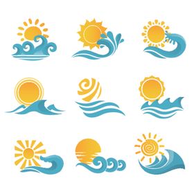 卡通线条海浪太阳