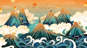 国潮山水插画中风