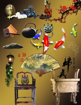 中国风素材扇壶石鲤鱼