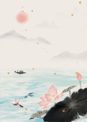 彩色水墨中荷花山水背景