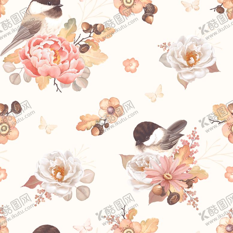 编号：74166409220620333176【酷图网】源文件下载-可爱小鸟清新花卉碎花无限循环无