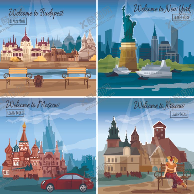 编号：14292109210032473063【酷图网】源文件下载-世界著名景点插画集合