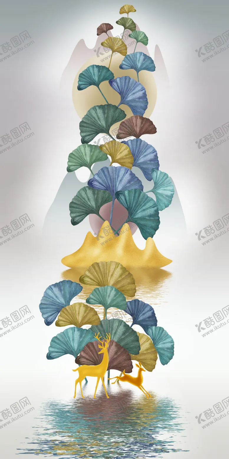 编号：73223301240934123955【酷图网】源文件下载-银杏叶金色麋鹿意境山水装饰画