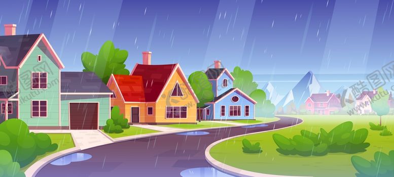 编号：96452309240900537321【酷图网】源文件下载-卡通下雨的乡村小镇