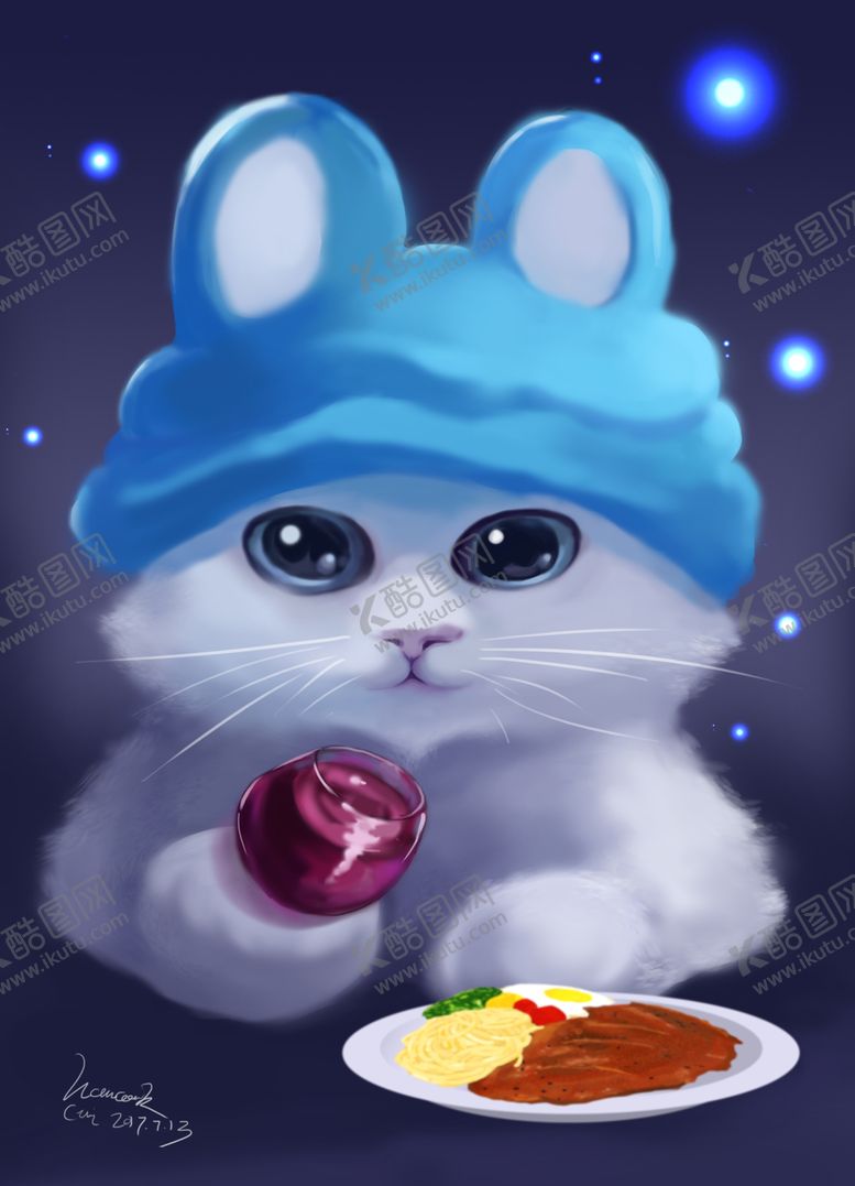 编号：48761009211158451695【酷图网】源文件下载-戴着蓝色帽子的小猫咪插画