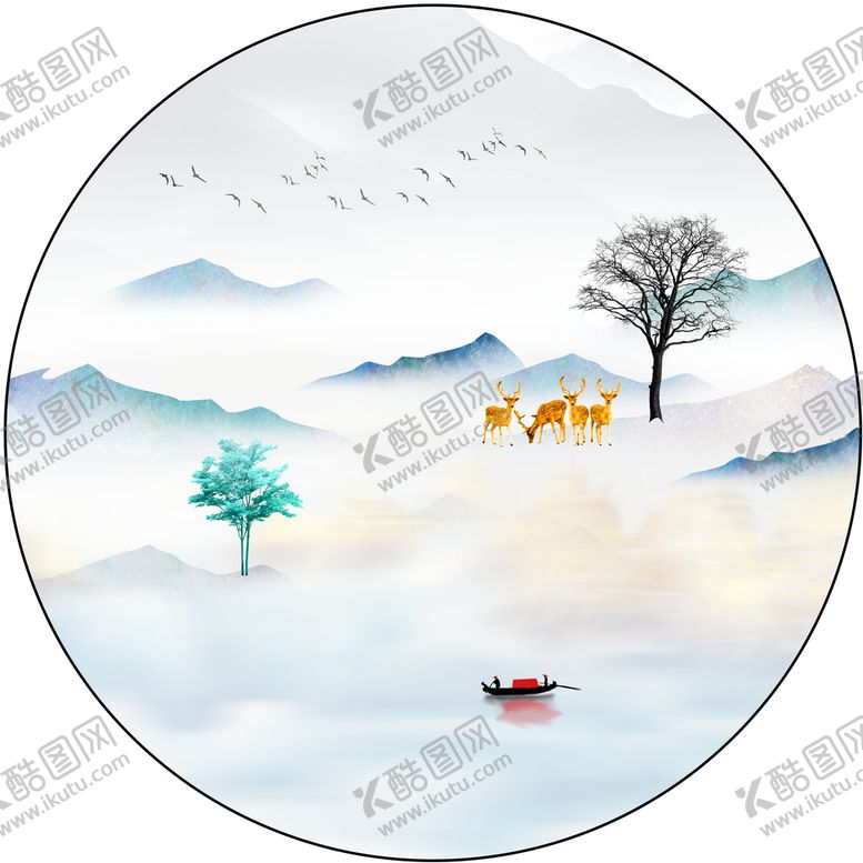 编号：45280309141255022641【酷图网】源文件下载-麋鹿意境山水装饰画
