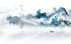 蓝色水墨山水背景墙